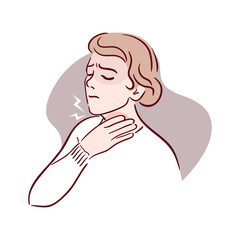 A woman holds her hand on her sore throat. Irritation, soreness. Symptoms of flu, cancer or thyroid disease, health problems. Medical brochure template. Vector illustration.