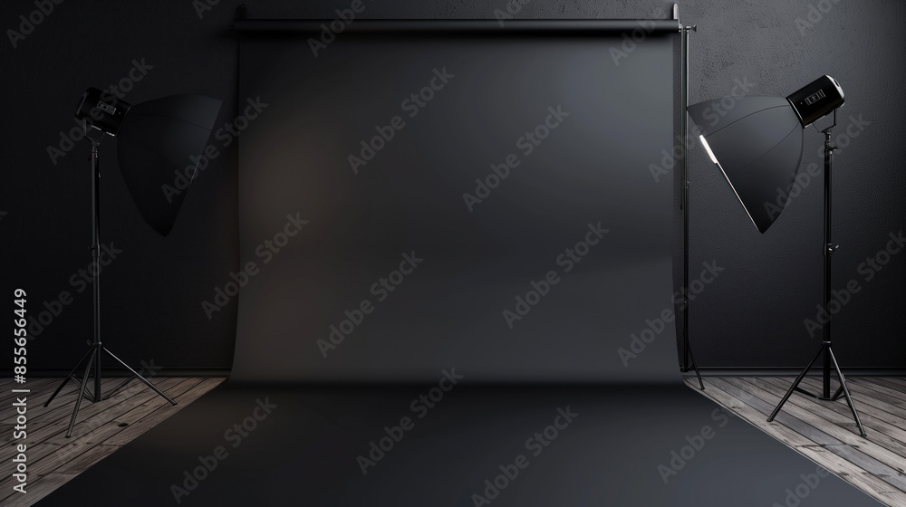 Poster empty modern minimalist photo production studio with black background. background image. created wit