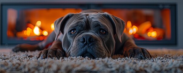 A large gray Cane Corso dog lies on the carpet in front of an electric fireplace with burning firewood, looking at the camera in the style of a photo