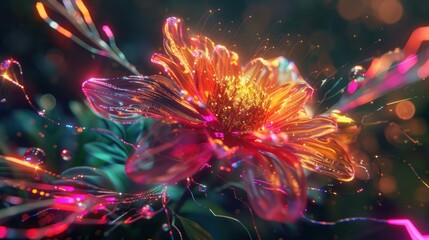 Futuristic colorful flower petals blooming vibrant glowing light effects. AI generated