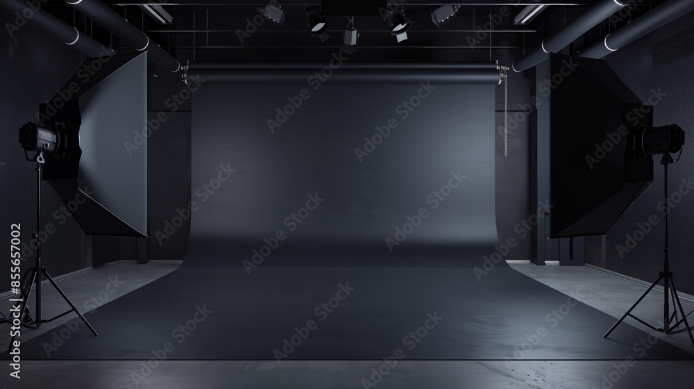 Poster empty modern minimalist photo production studio with black background. background image. created wit