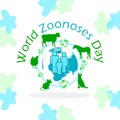 World Zoonoses Day event banner.  Illustrations of animals, viruses, humans and the earth on white background to commemorate on July 6th