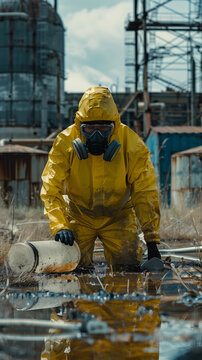 Scientist working with radioactivity wearing protective suit