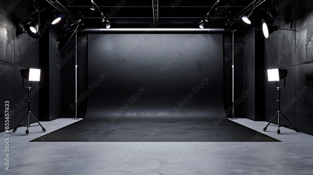 Poster empty modern minimalist photo production studio with black background. background image. created wit