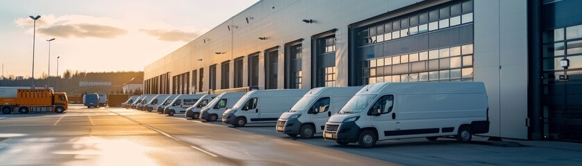 Naklejka premium Fleet of White Delivery Vans Parked Outside a Modern Warehouse at Sunset