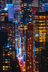 Vibrant Night Cityscape of Illuminated Skyscrapers in a Bustling Urban Metropolis