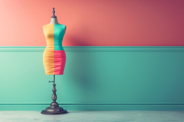 Mannequin displaying a dress against a vibrant colored backdrop, modern sewing studio banner