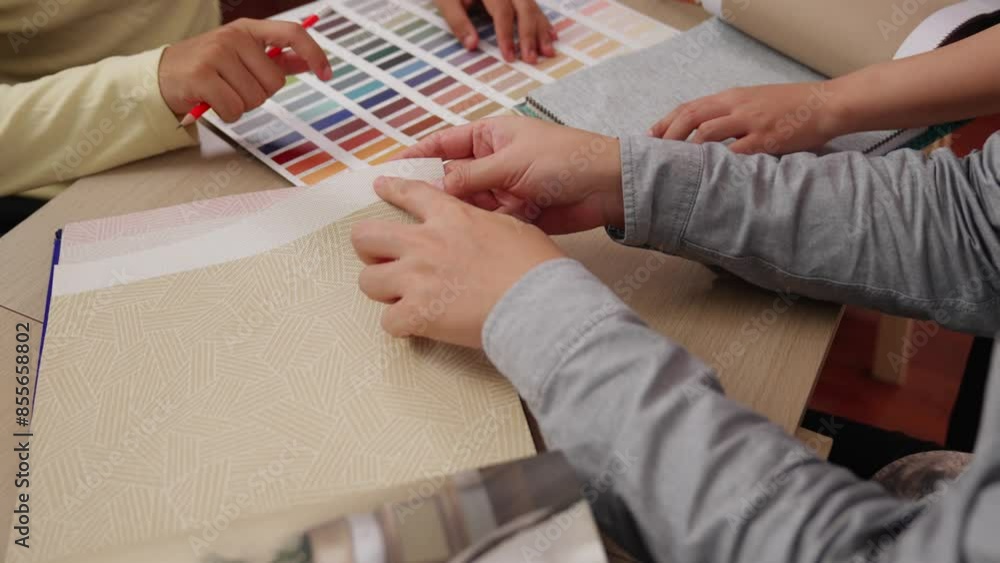 Poster slow motion hand closeup architect and interior designer presenting textile material and color from 
