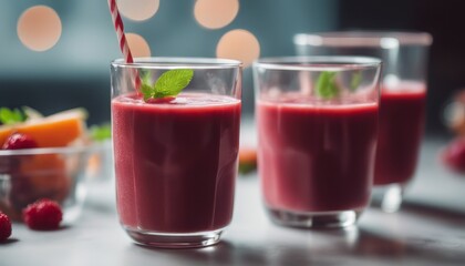 view of elegant Healthy appetizing red smoothie dessert in glasses