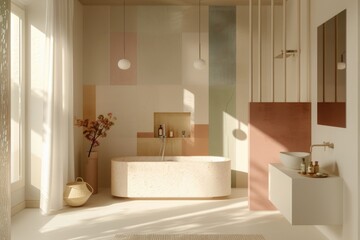 Modern Minimalist Bathroom with Freestanding Tub and Soft Pastel Accents, Ideal for Interior Design Inspiration