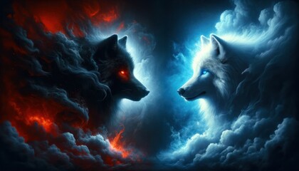 two wolves facing each other, one embodying darkness with deep black fur and glowing red eyes