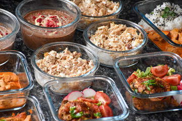 Glass boxes with food for the day