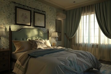 A beautifully renovated bedroom with a comfortable bed, stylish decor, and large windows allowing natural light to flood the space. Generative AI