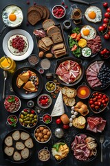 High angle view of a delicious breakfast spread on a black surface, featuring a variety of items such as pancakes, eggs, bacon, and coffee