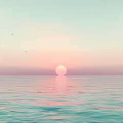 Minimalist design capturing an eye-level angle of a serene sunset over a calm ocean