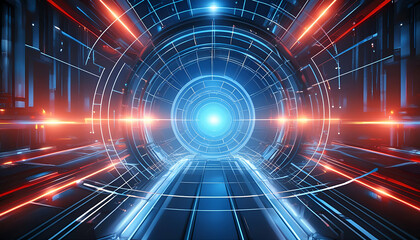 a futuristic abstract scene with a central focus on blue and red lights, surrounded by a web of glowing lines that create a high-tech atmosphere