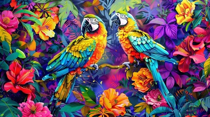Fototapeta premium In the heart of a lush jungle, an exotic illustration of tropical birds and foliage bursts with vibrant colors.