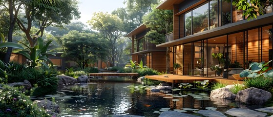 3D Model, Eco-Friendly Treatment Center, A treatment center designed with eco-friendly materials and practices, providing healthcare while respecting ecology., Surrealism