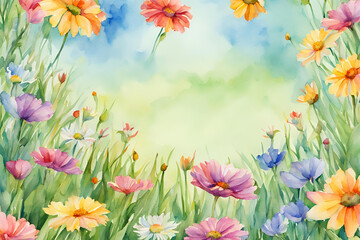 Watercolor Spring Meadow, Watercolor Landscape with Daisies and Clouds, watercolor Nature Scene with space for text