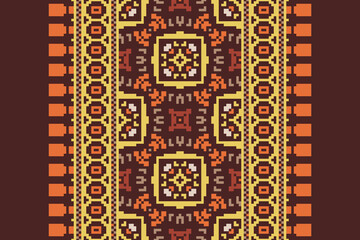 Ethnic pixel geometric seamless pattern with paisley on beige background. Native oriental cross stitch knitting design for fabric, decoration, wallpaper, border decor, element, texture, textile, print