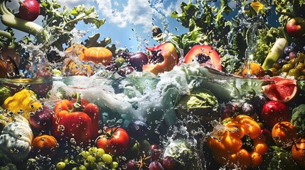 Fresh vegetables, fruits and water splashes on panoramic background. 