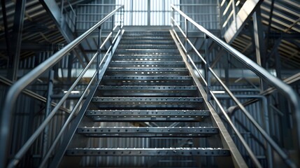 Fototapeta premium Ascending to New Heights - A Towering Metal Staircase in an Industrial Warehouse