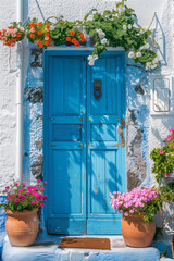 azure door of the house with flowers in pots on azure stone walls, sunny day, sunny daylight, bright, colorful, photorealistic, high resolution photography, greece santorini style