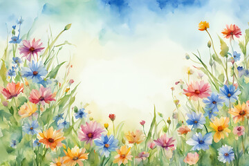Watercolor Spring Meadow, Watercolor Landscape with Daisies and Clouds, watercolor Nature Scene with space for text