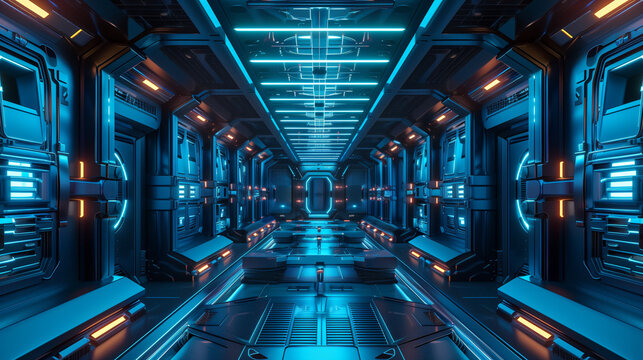 In the chillingly futuristic interior of an alien spaceship, there are dark corridors with unusual architecture. The lack of traditional elements and unknown technologies add disturbing tension.