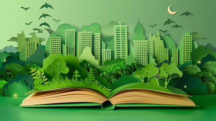 Fototapeta premium The illustration, cut from paper, shows an open book whose pages show an idyllic, green city. This unique art form conveys the idea of ​​ecological and environmentally friendly urban development.