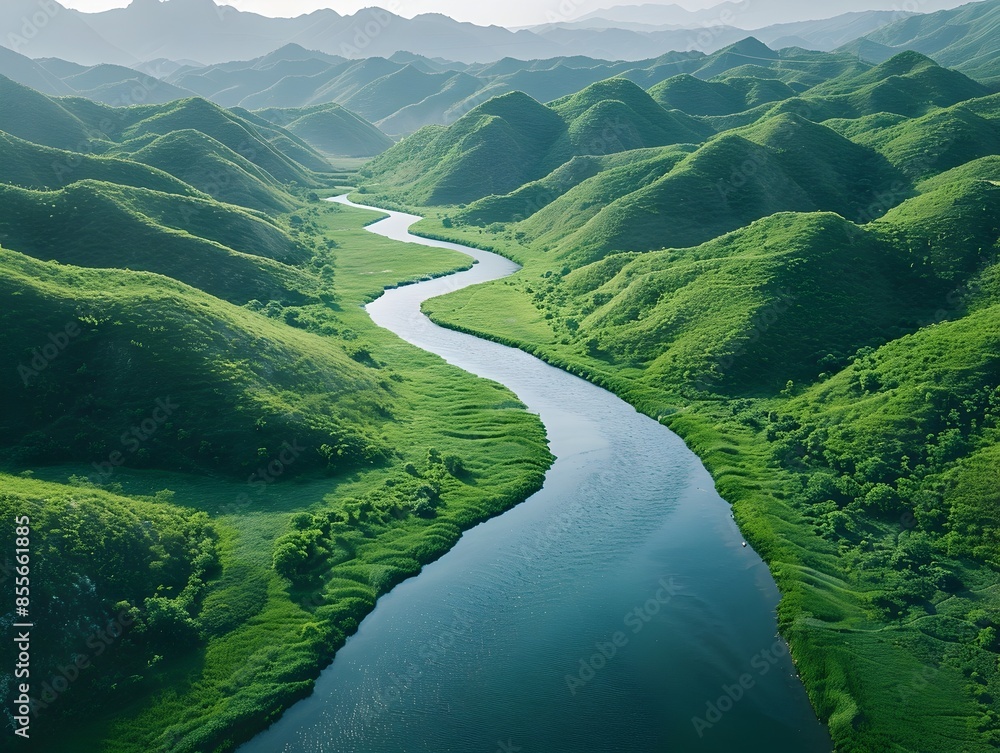 Wall mural Serene Aerial Perspective of a Winding River Through a Lush Green Valley Landscape