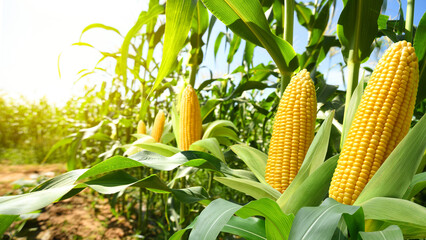 Corn cobs in corn plantation field.