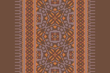 Ethnic pixel geometric seamless pattern with paisley on beige background. Native oriental cross stitch knitting design for fabric, decoration, wallpaper, border decor, element, texture, textile, print