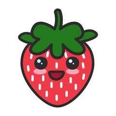 Cartoon illustration of a cute fresh kawaii hand drawn red strawberry