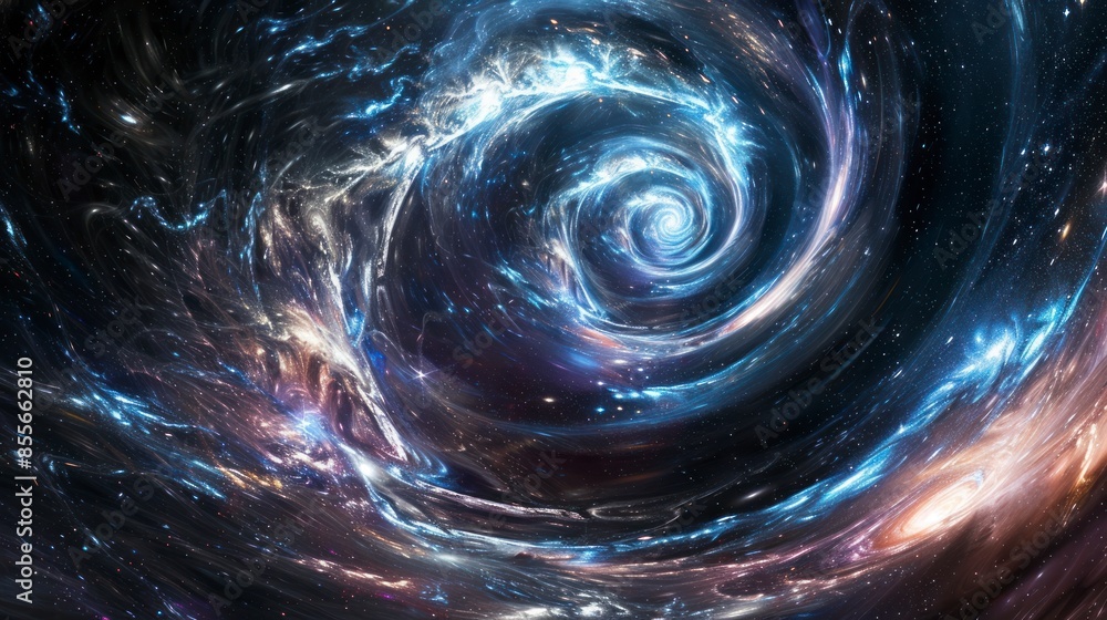Wall mural abstract cosmic design with swirling stars and galaxies.