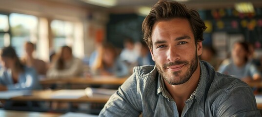 Fototapeta premium A Male Teacher Sitting in a School Class