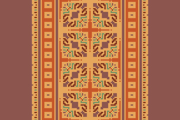 Ethnic pixel geometric seamless pattern with paisley on beige background. Native oriental cross stitch knitting design for fabric, decoration, wallpaper, border decor, element, texture, textile, print