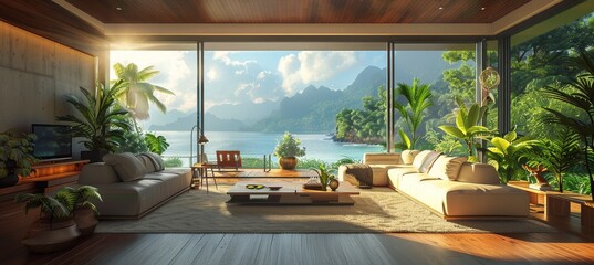 Fototapeta premium Modern Living Room with Large Windows and Lush Garden View