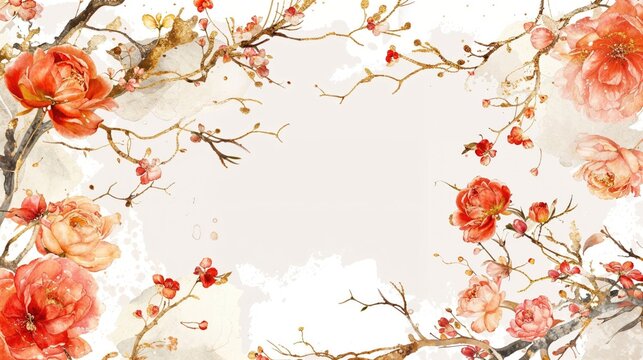 Vintage Watercolour Artwork with Floral Blooms. Antique Roses with Watercolour Texture and copy-space.