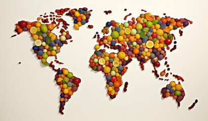 Obraz premium Creative art World map crafted from fresh fruits and vegetables, showcasing sustainability and ingenuity