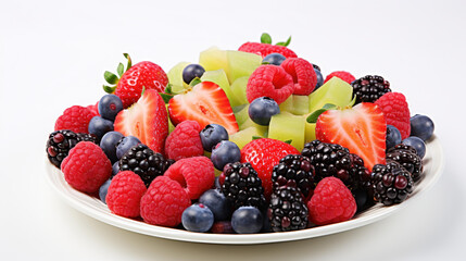 Vibrant plate of assorted fruits arranged beautifully on a white background.