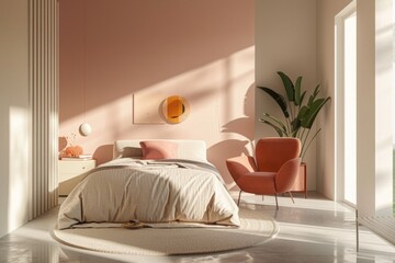 Modern Minimalist Bedroom with Pink Accent Wall and Cozy Armchair - Interior Design Inspiration for Home Decor, Print, Card, Poster