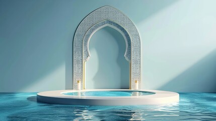 3d render of islamic podium on blue background. Ramadan Kareem concept