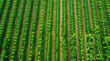 A field of green plants with a few yellow flowers