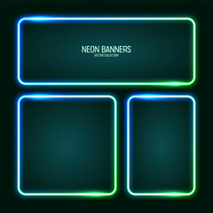 Glowing neon banners, illuminated colorful square frames. Shiny vibrant border, glow effect. Azure vintage retro lights, night illumination. Modern futuristic UI design elements. Vector illustration