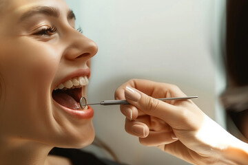 Obraz premium person lying in dental chair while dentist holding dental tools, dental cleaning, teeth, dentist, prophylaxe, the dentist examines his mout, dental treatment