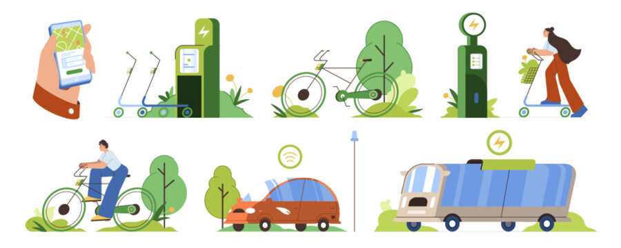Set of eco friendly public transport. Sustainable transportation concept. Electric car, scooter, bicycle and charging station flat vector illustration. Vehicle or bike rental service using mobile app.
