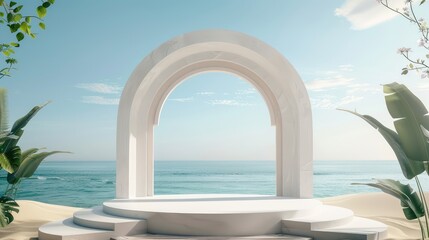 3d render of white podium for product display on the beach.