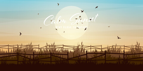 Meadow silhouettes with grass and old wooden fence. Countryside, panoramic summer lawn rural landscape with herbs, weeds. Agriculture and farming. Summer sunset in nature. Vector illustration