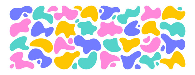 Set of liquid organic shapes, irregular form in vibrant colors. Colorful simple freeform, asymmetric blob. Random deformed abstract figures. Wavy spots or fluid amorphous splodges. Modern uneven blots